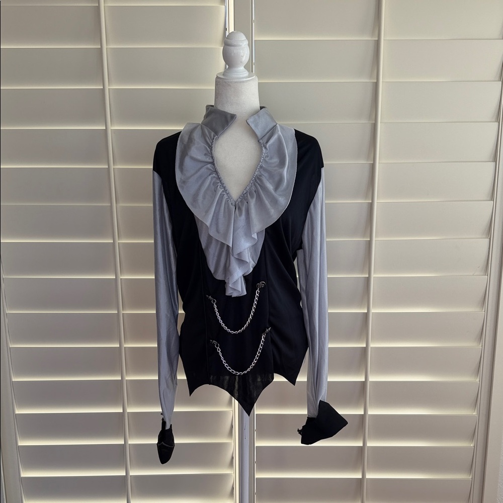 Black and Gray Ruffled costume shirt with Chain Detail L